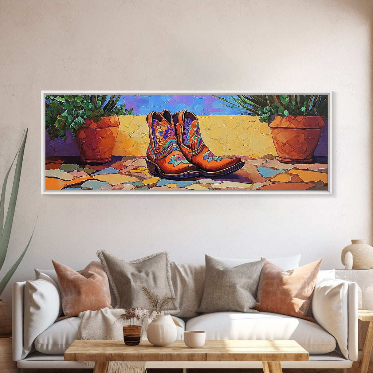 Floral Cowboy Boots, boho art, chicano art, whimsical art, southwest wall art, western decor, pink orange wall art, Framed Canvas Print