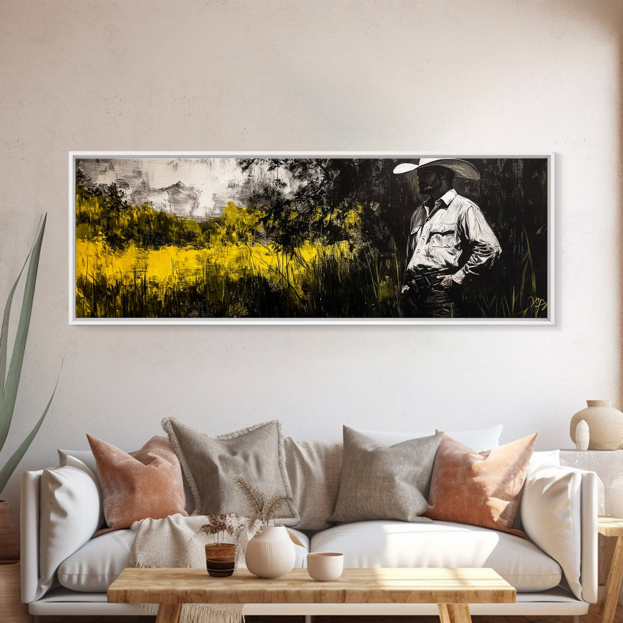 Cowboy in Field, Rustic Wall Art, Farmhouse Art, Canvas Print, Vintage Horse Art, Extra Wide Art, Moody Art, Wabi Sabi Art