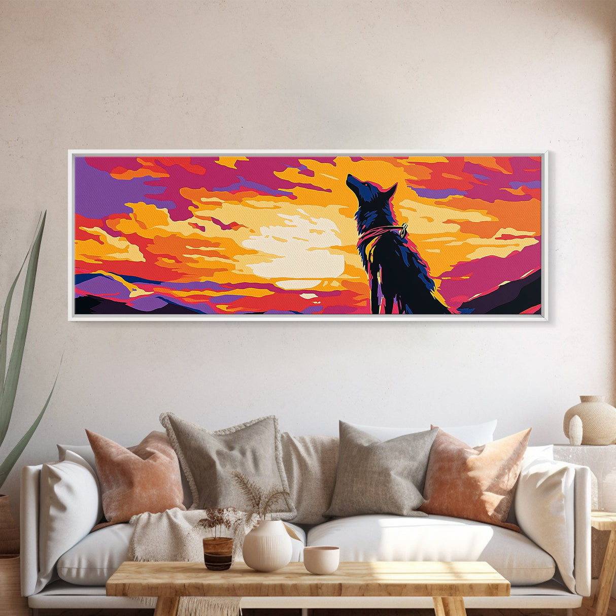 Colorful Wolf Art, sunset animal painting, moody art, pink orange wall art, extra wide art, framed canvas print, panoramic painting