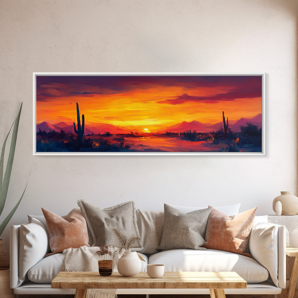 Sunset Cactus Art, southwest wall art, desert landscape painting, extra wide art, panoramic painting, framed canvas print, rustic decor, horizontal wall art