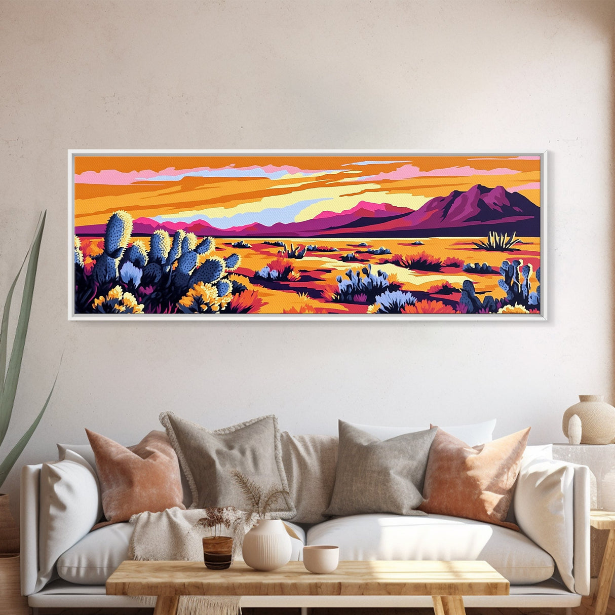 Pink Orange Wall Art, Framed Canvas Print, Extra Wide Art, Southwest Wall Art, Rustic Art, Desert Landscape Painting, Moody Art, Above Bed Art