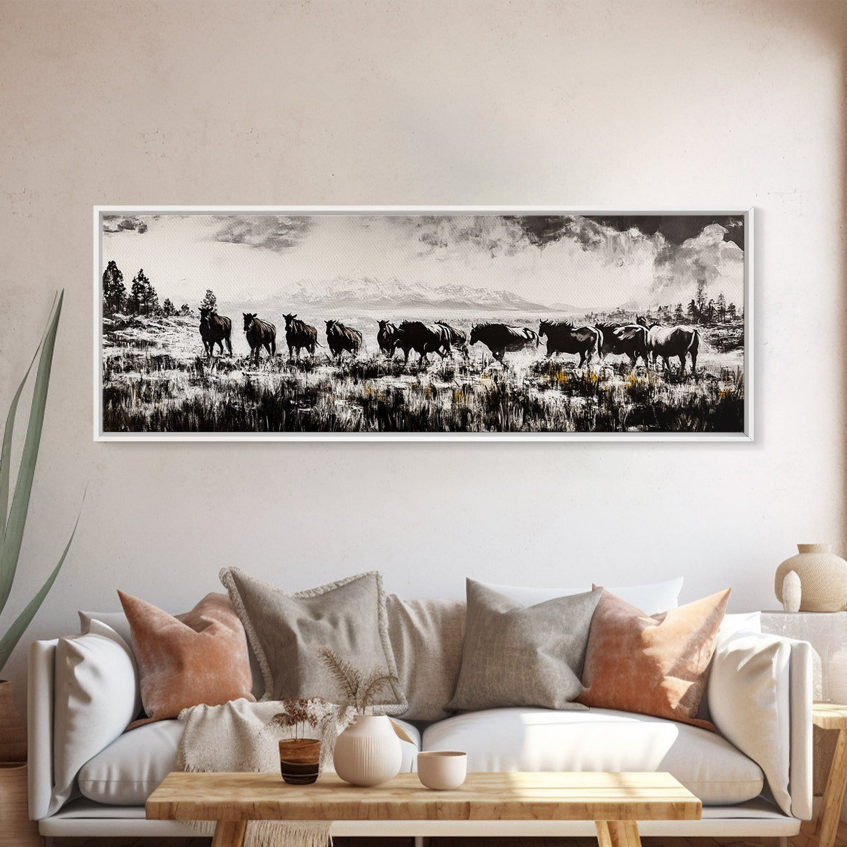 Black And White Wall Art, Framed Canvas Print, Vintage Horse Art, Rustic Wall Art, Extra Wide Art, Moody Art, Western Art, Above Bed Art