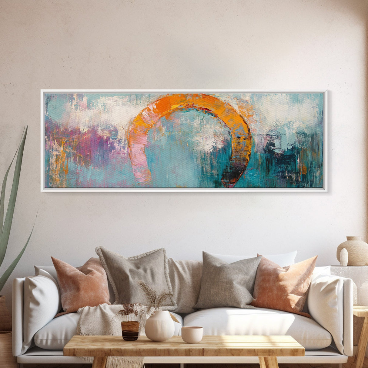 Horseshoe, rustic decor, teal wall art, wabi sabi art, farmhouse art, framed canvas print, abstract art, extra wide art, lucky charm