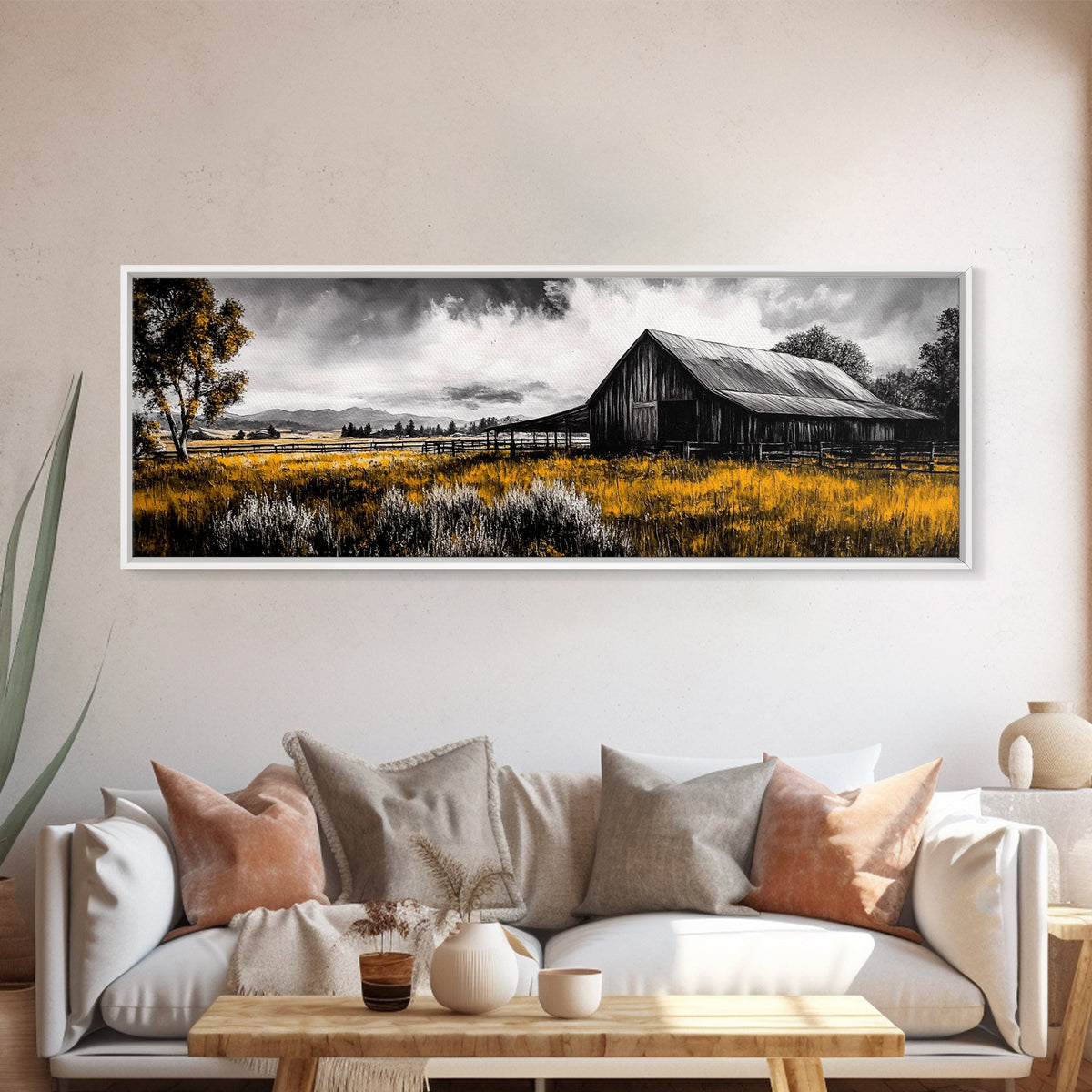 Western Ranch, barn landscape oil painting, rustic decor, farmhouse art, extra wide art, framed canvas print, above couch wall art