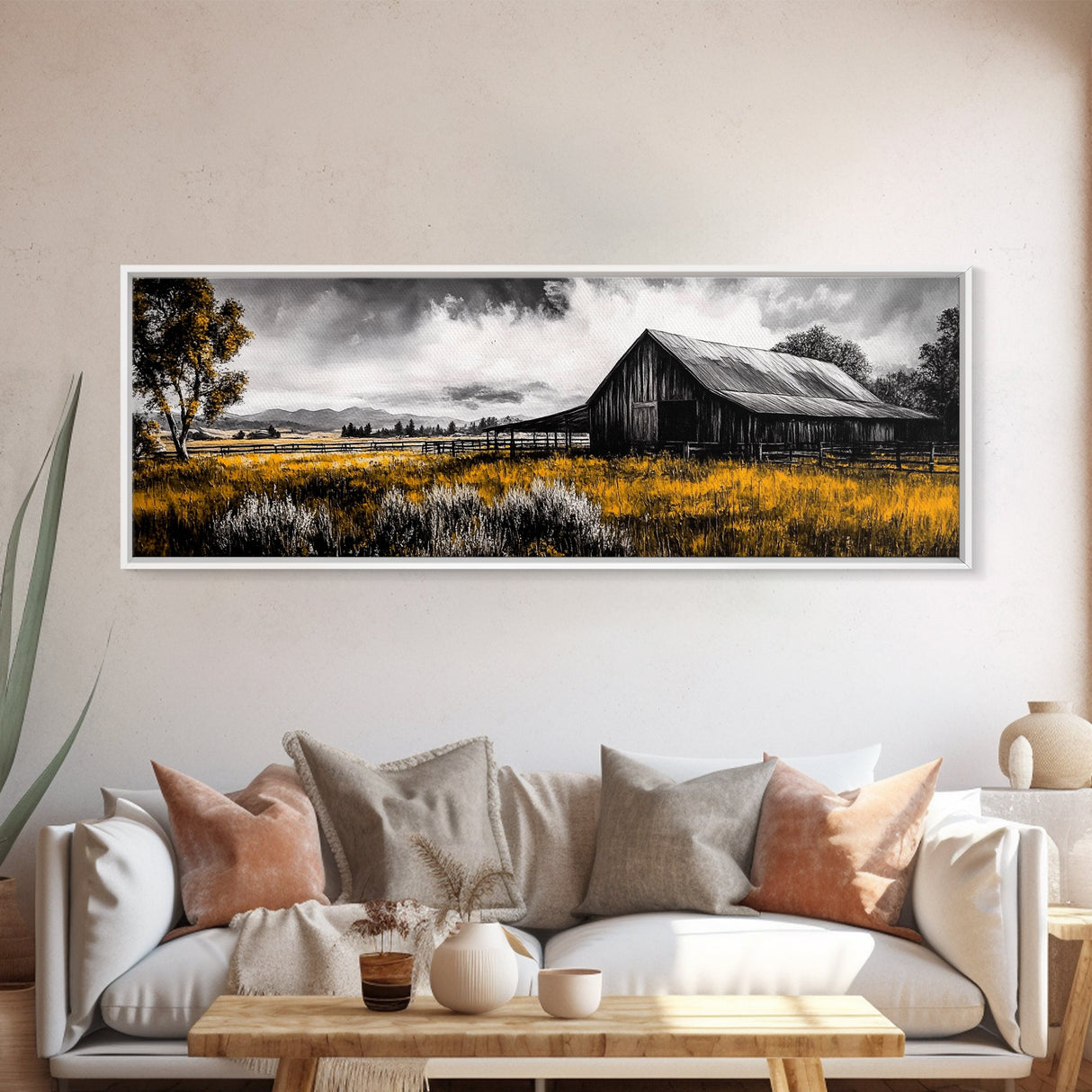 Western Ranch, barn landscape oil painting, rustic decor, farmhouse art, extra wide art, framed canvas print, above couch wall art