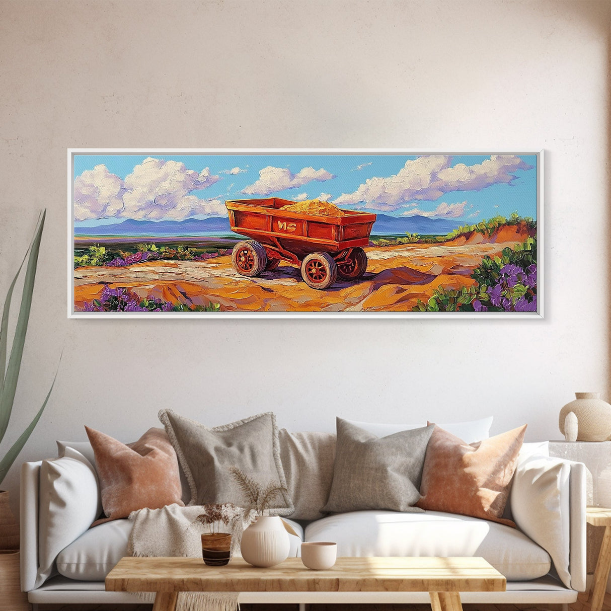 Rustic cart, farmhouse art, rustic wall art, above couch art, wabi sabi art, barn landscape oil painting, framed canvas print, gift idea