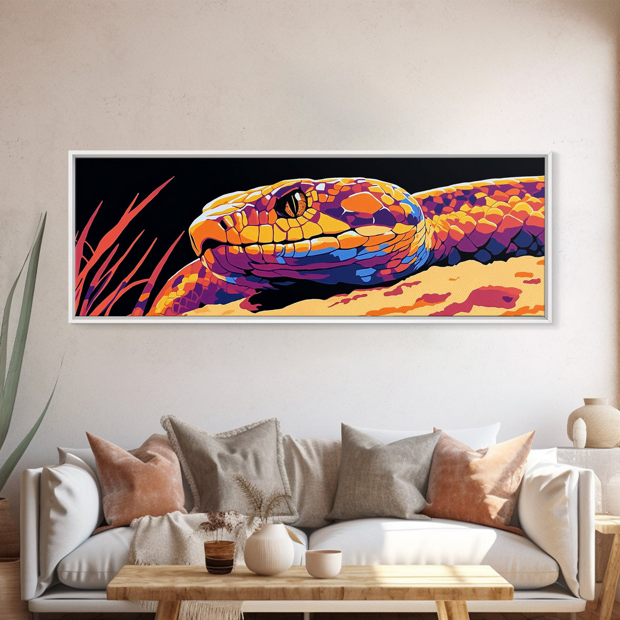 Pop Art Snake, colorful reptile painting, chicano art, pop art wall decor, wild animal painting, extra wide art, framed canvas print