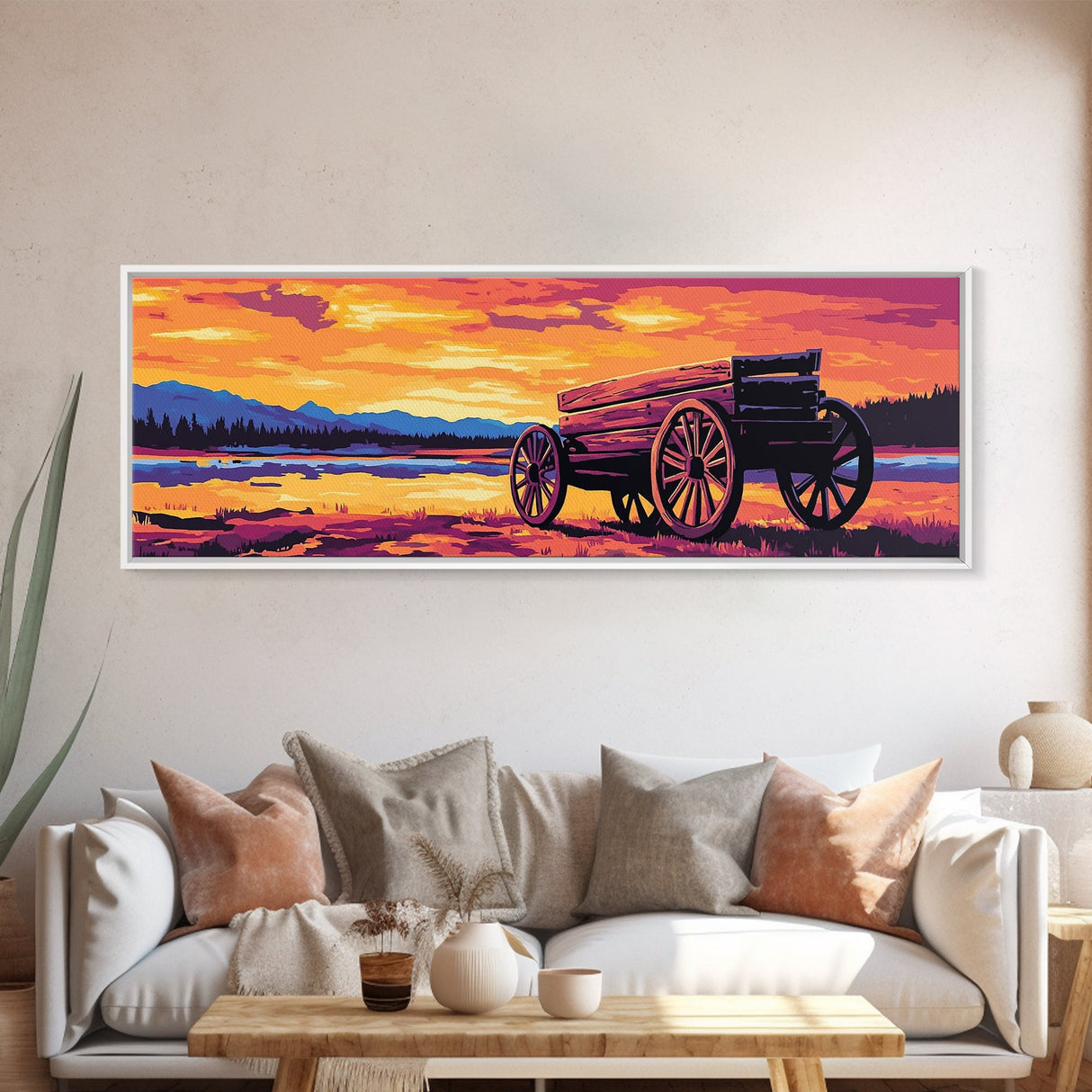 Sunset Wagon Painting, southwest wall art, boho art, Joshua tree art, rustic decor, warm tones, framed canvas print, extra wide art