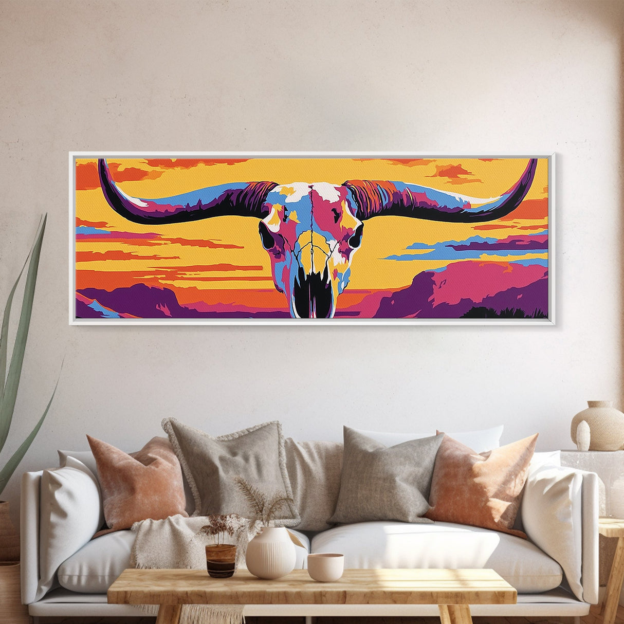 Longhorn Skull, southwest wall art, bull and bear art, pink orange wall art, extra wide art, Framed Canvas Print, rustic decor