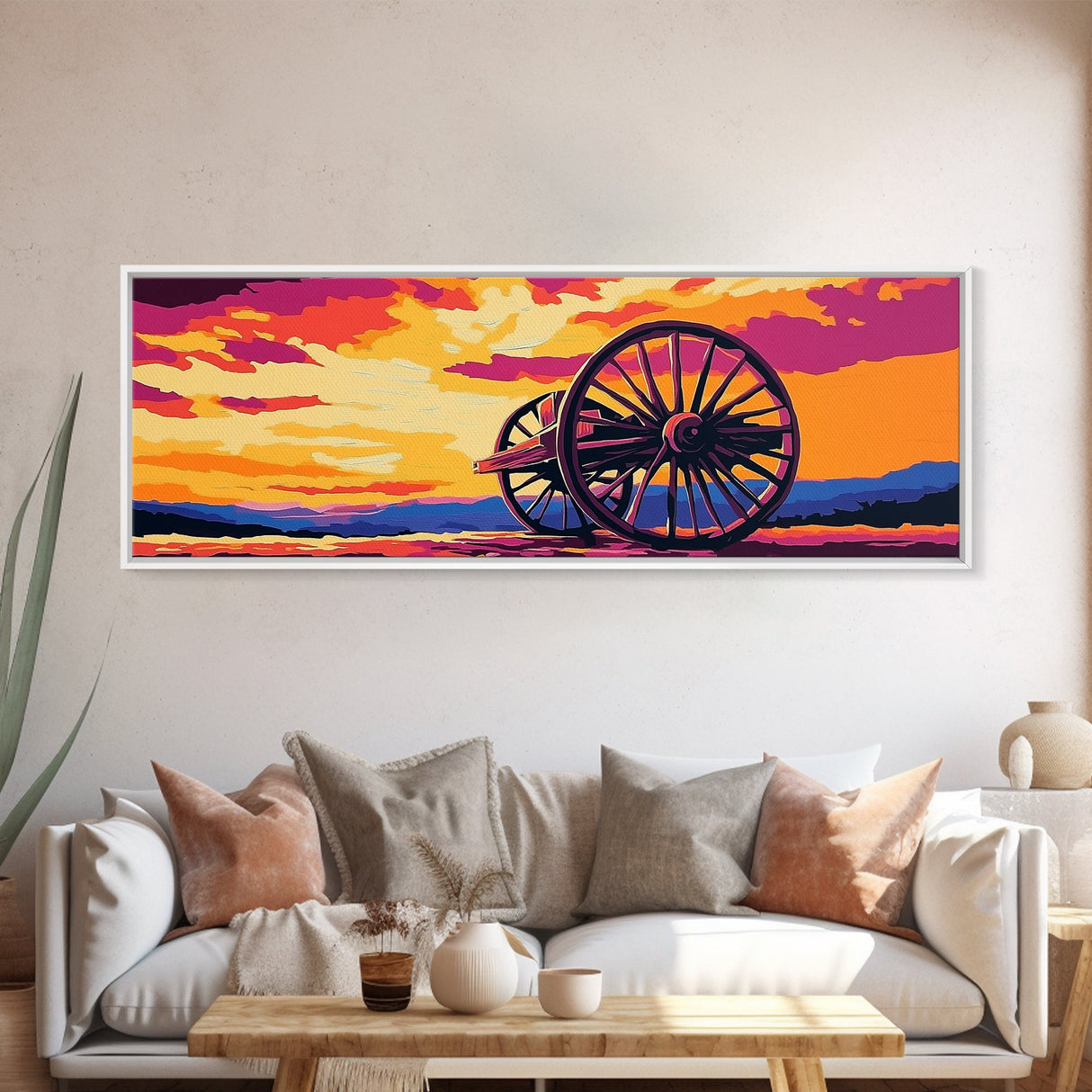 Sunset Wagon Wheel, pink orange wall art, bold color art, boho art, panoramic painting, extra wide art, framed canvas print, landscape painting