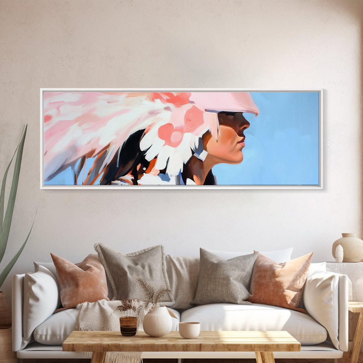 Pink Headdress, modern portrait, southwest wall art, moody art, framed canvas print, light pink wall art, gift idea for her