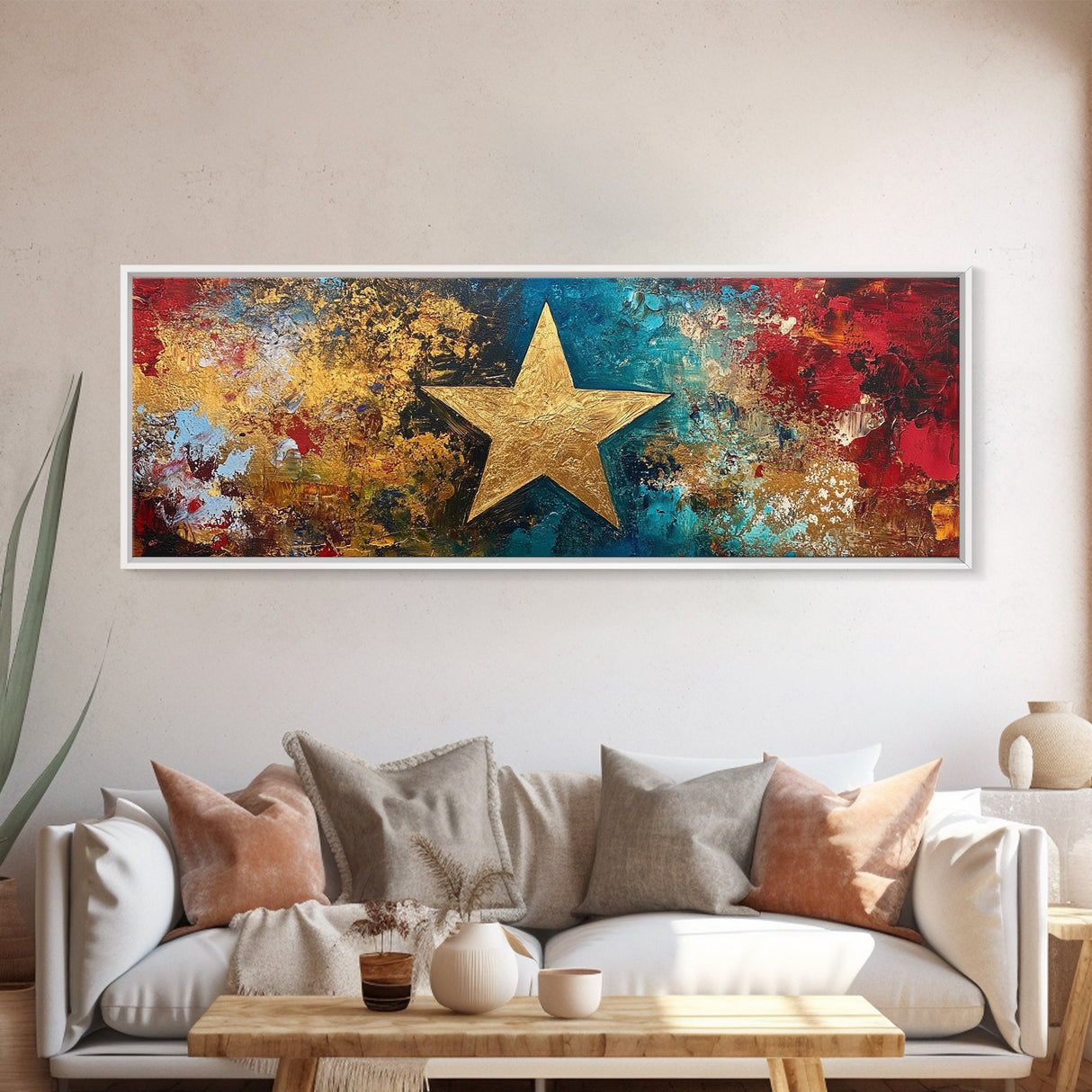 Golden Star, abstract art, bold colors, textured wall art, framed canvas print, mosaic wall art, extra wide art, above couch art
