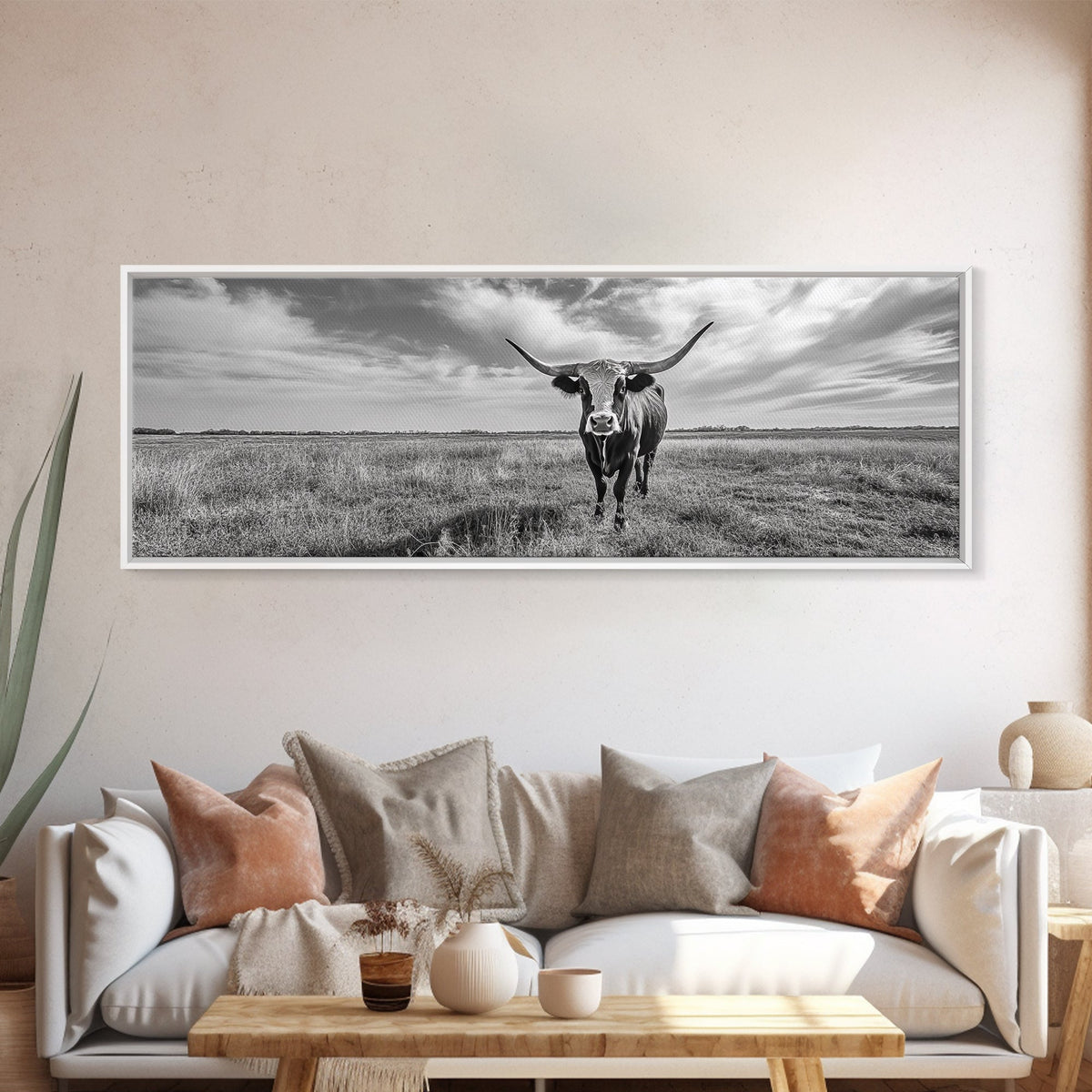 Texas Longhorn, Rustic Wall Art, Canvas Print, Farmhouse Art, Western Decor, Above Bed Art, Extra Wide Art, Moody Black And White Art