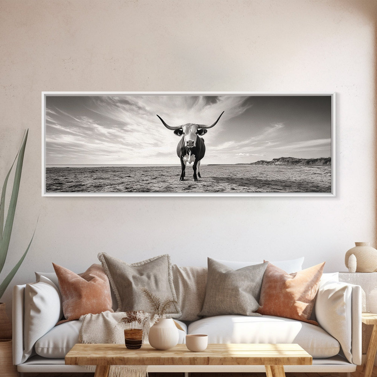 Longhorn, western landscape, bull and bear art, panoramic art, extra wide art, rustic wall art, framed canvas print, farmhouse decor, moody art