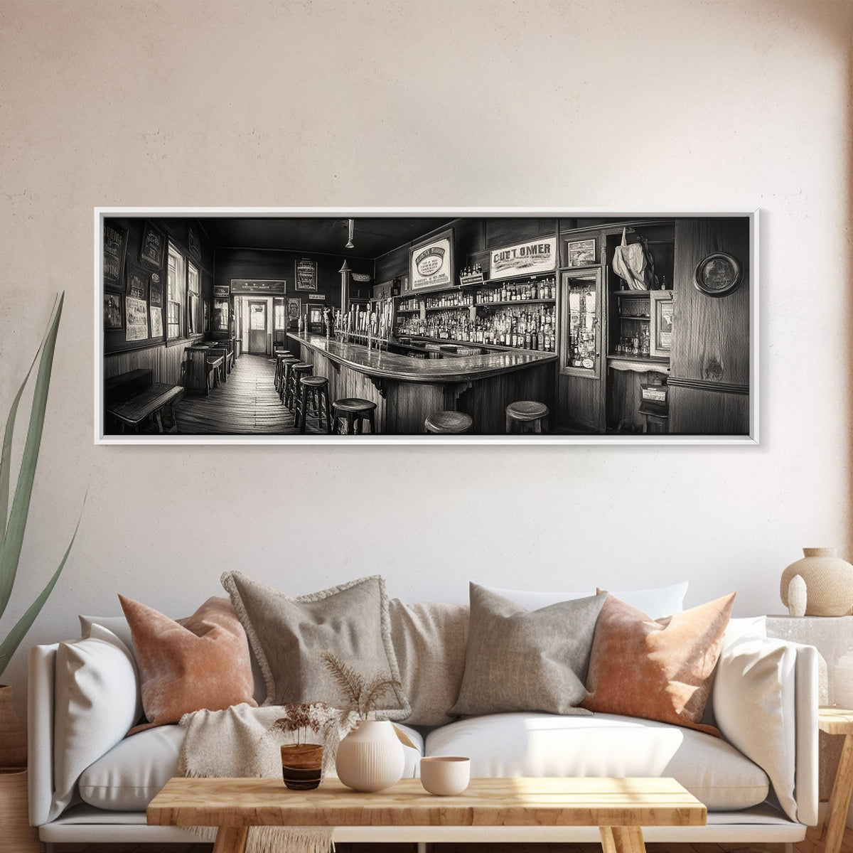 Western Saloon, rustic wall art, extra wide art, panoramic art, farmhouse art, bar decor, moody art, framed canvas print, above sofa art