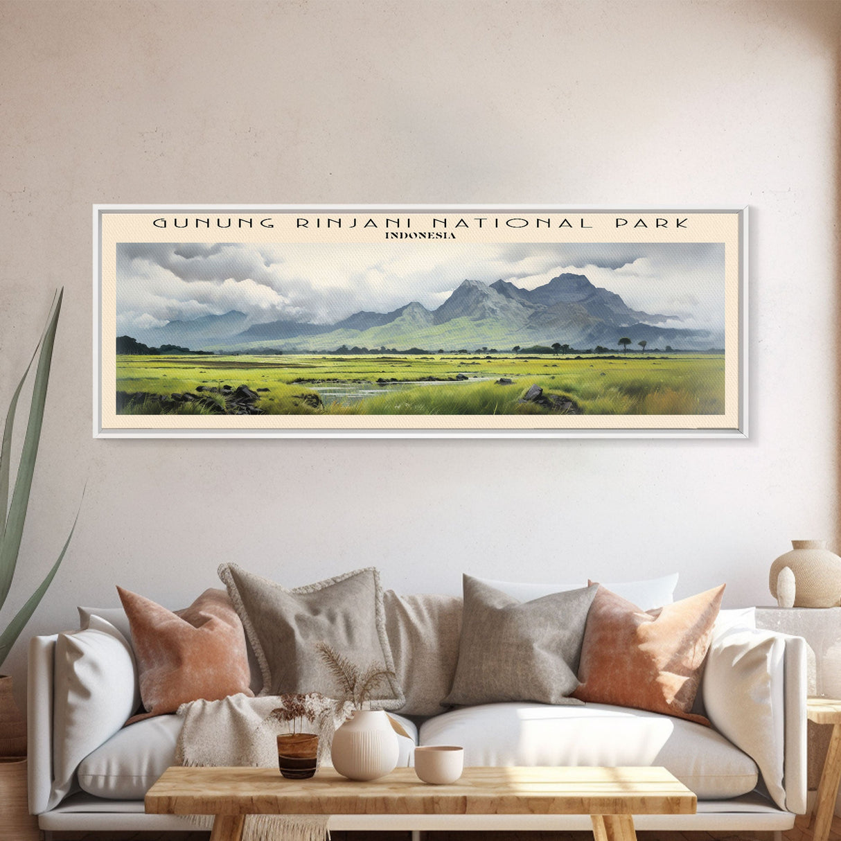Gunung Rinjani National Park COUNTRY | Framed Travel Poster Canvas Print | Trendy Wall Art | Watercolor Painting | Living Room Art | Unique Art