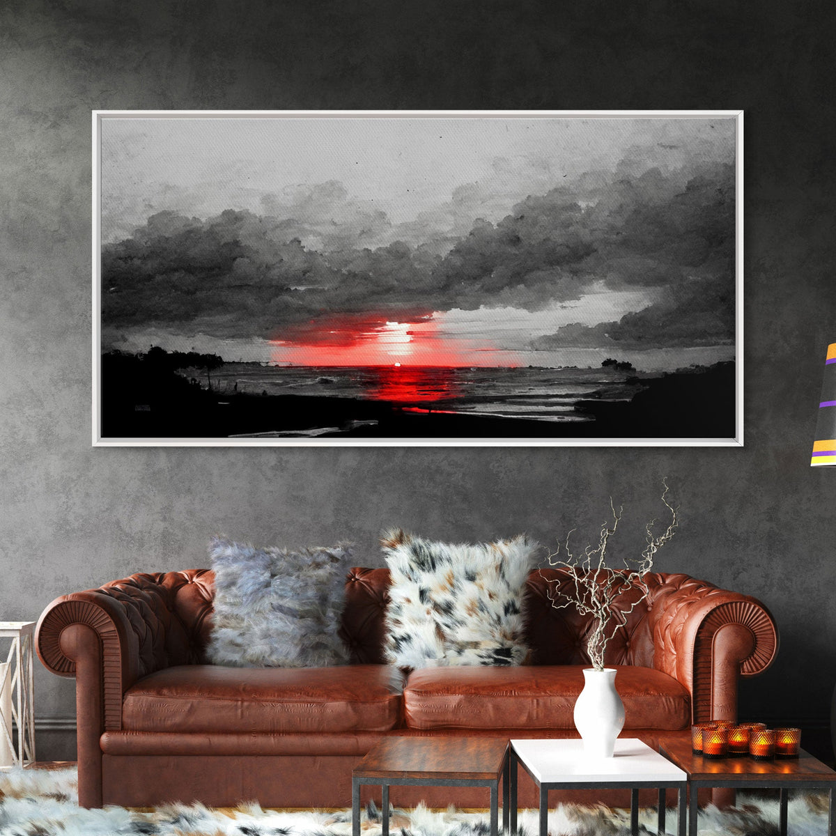 Creepy Blood moon canvas print, dark fantasy art, black and white art, Halloween, spooky art, horror landscape art