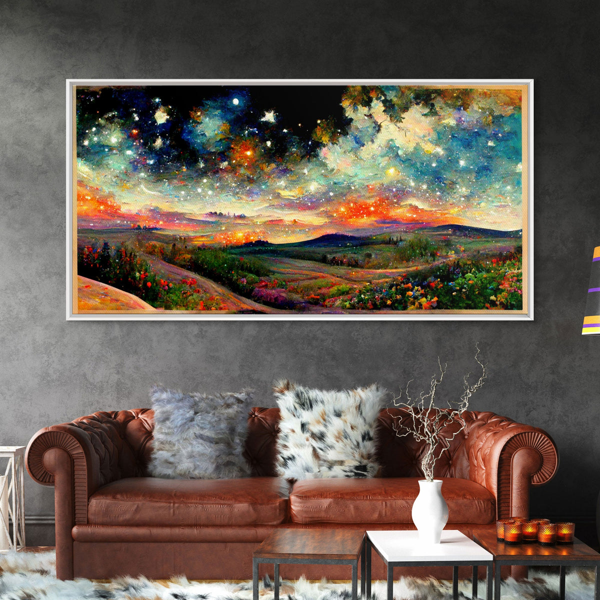 Night Starry Sky Landscape Framed Canvas Print, Colorful Night Sky Painting Nature Painting Living Room Wall Art Spiritual Starry Painting