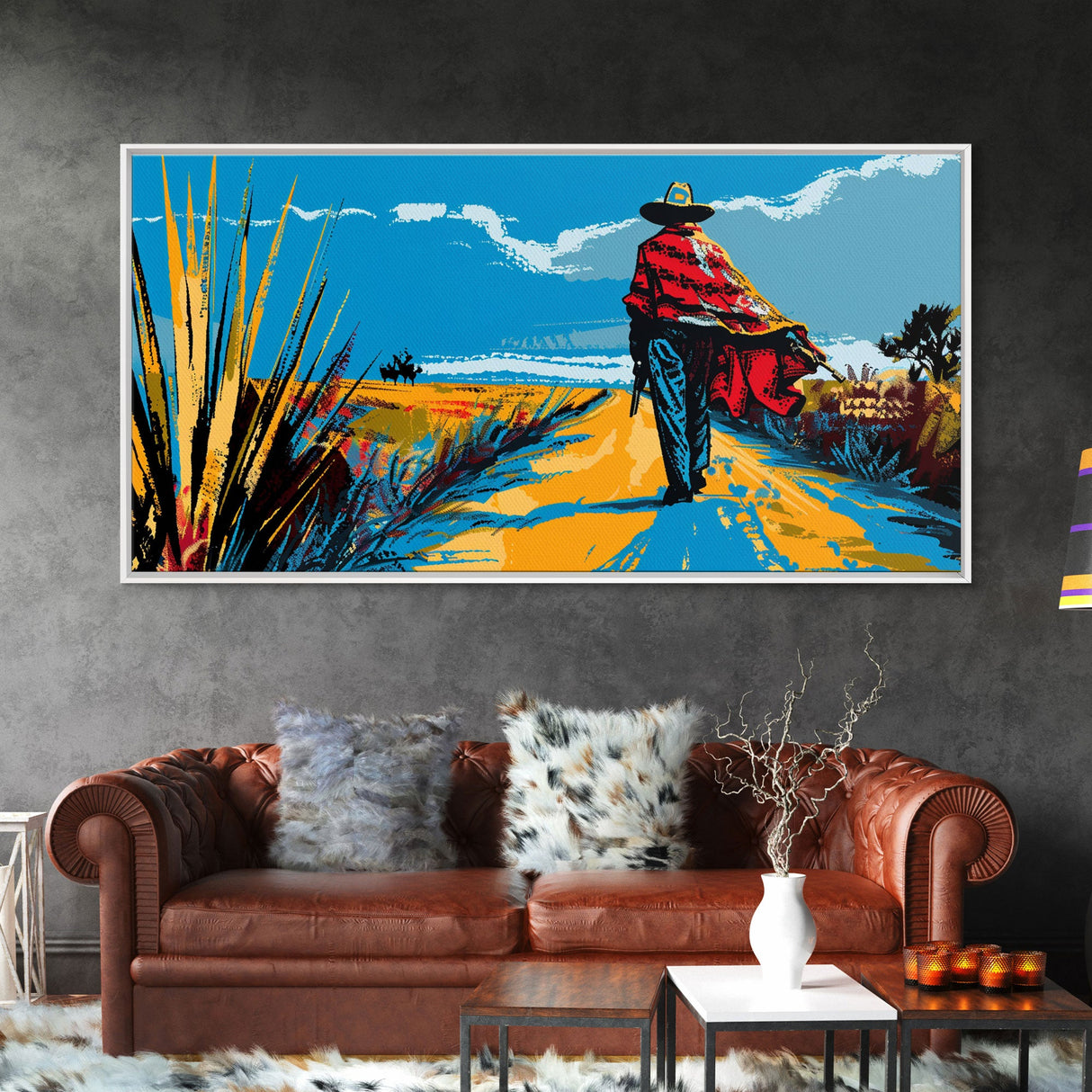 Cowboy Walking Down Desert Road, Perfect Minimalist Art, Framed Canvas Print, Boho Living Room Decor, Western Home Decoration