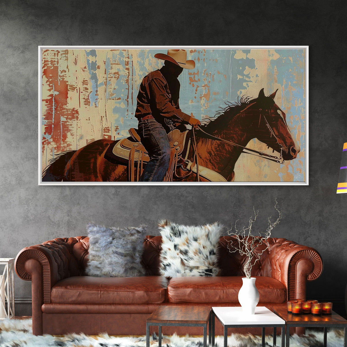 Cowboy Riding Horse in Abstract Style, Perfect Bedroom Art, Framed Canvas Print, Rustic Living Room Decor, Modern Home Decoration