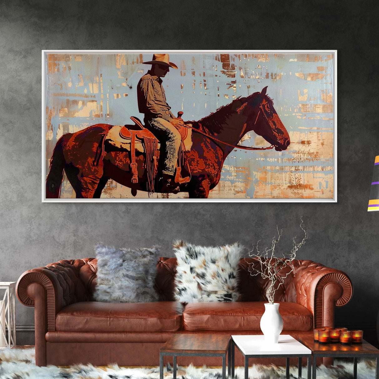 Cowboy on Horse with Rustic Background, Stunning Wall Art, Framed Canvas Print, Boho Bedroom Decor, Western Home Decoration