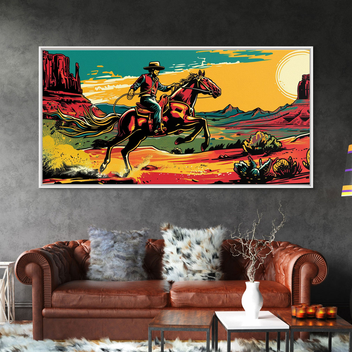 Cowboy Galloping in Desert, Vibrant Sunset Western Art, Framed Canvas Print, Farmhouse Decor, Colorful Wall Art, Cowboy Theme