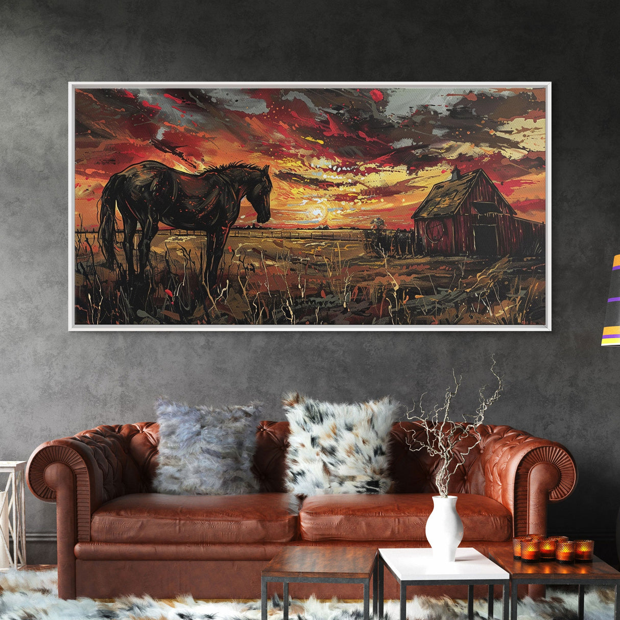 Dark Horse at Sunset with Barn, Stunning Abstract Art, Framed Canvas Print, Boho Wall Art, Bedroom Decor, Unique Home Decoration