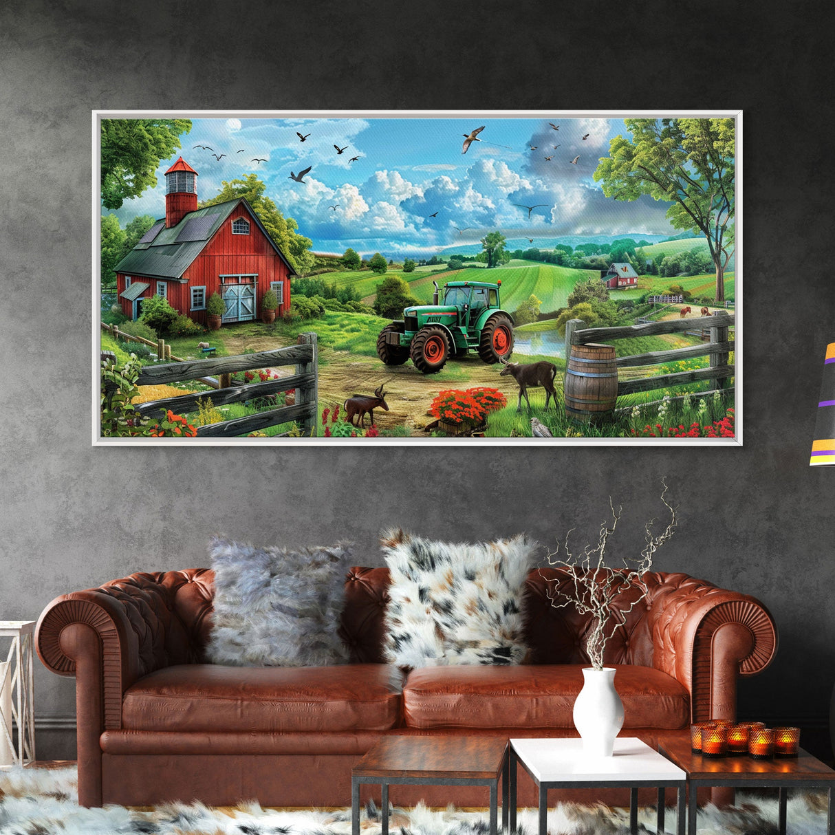 Green Tractor Near Red Barn in Countryside, Charming Farm Art, Framed Canvas Print, Country Living Room Decor, Wall Art