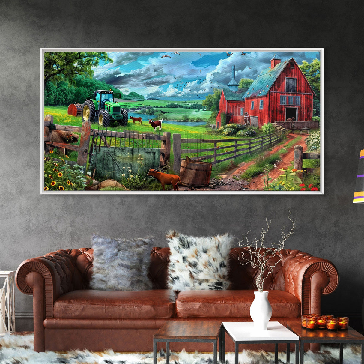 Green Tractor and Red Barn with Farm Animals, Vibrant Rural Art, Framed Canvas Print, Country Wall Decor, Living Room Decoration