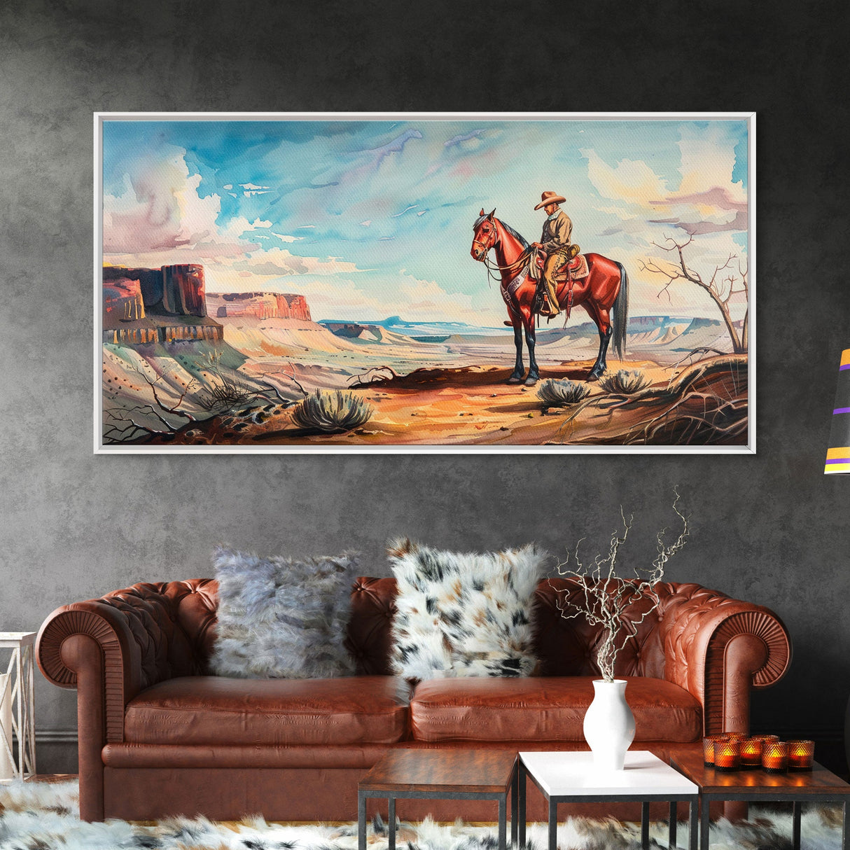 Cowboy on Horse Overlooking Canyon, Majestic Western Art, Framed Canvas Print, Boho Wall Art, Living Room Decor, Home Decoration