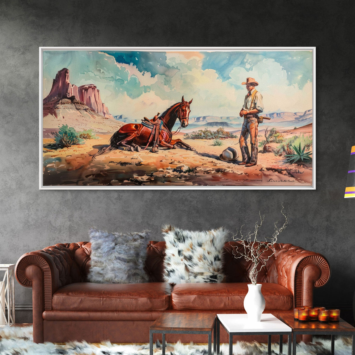 Cowboy and Horse in Desert Landscape, Rustic Farmhouse Art, Framed Canvas Print, Western Decor, Living Room Wall Art, Country Style