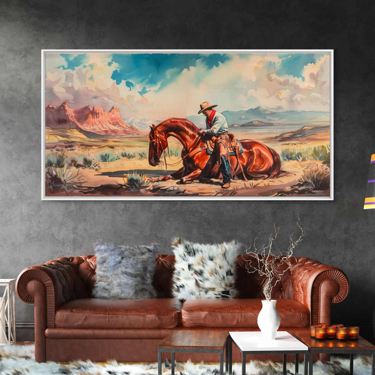 Cowboy Comforting Horse in Open Plains, Farmhouse Western Decor, Framed Canvas Print, Country Living Art, Rustic Wall Art for Home