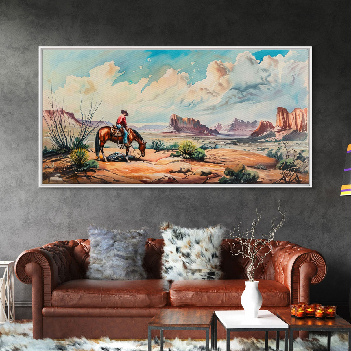 Cowboy Gazing Over Expansive Desert, Boho Western Landscape Art, Framed Canvas Print, Living Room Wall Decor, Rustic Country Style