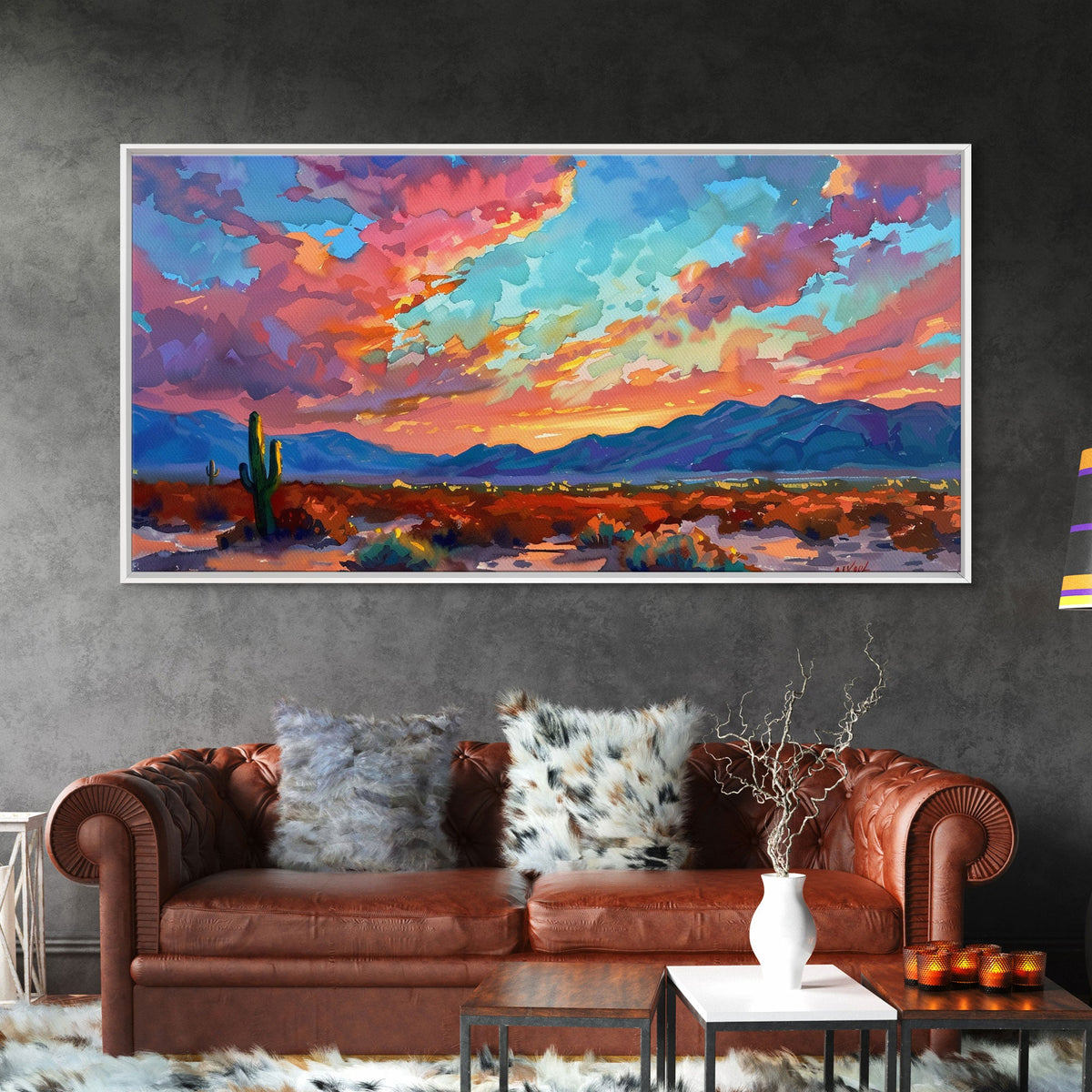 Road Through Desert at Sunset, Colorful Southwestern Art, Framed Canvas Print, Boho Wall Decor, Rustic Living Room Art, Desert Scene