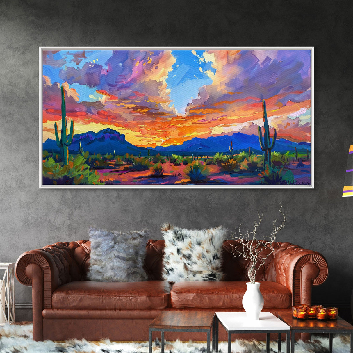 Stunning Desert Sunset with Cacti Silhouettes, Framed Canvas Print for Bedroom Art, Great for Boho and Southwestern Decor