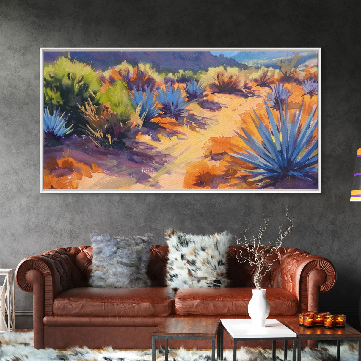 Desert Pathway with Vibrant Foliage, Perfect for Living Room Art, Framed Canvas Print, Bohemian Decor, Nature Inspired Wall Art