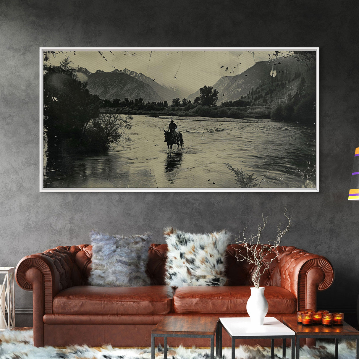 Cowboy Crossing River with Mountains, Framed Canvas Print for Western Living Room Decor, Ideal Bedroom Wall Art, Rustic Scene