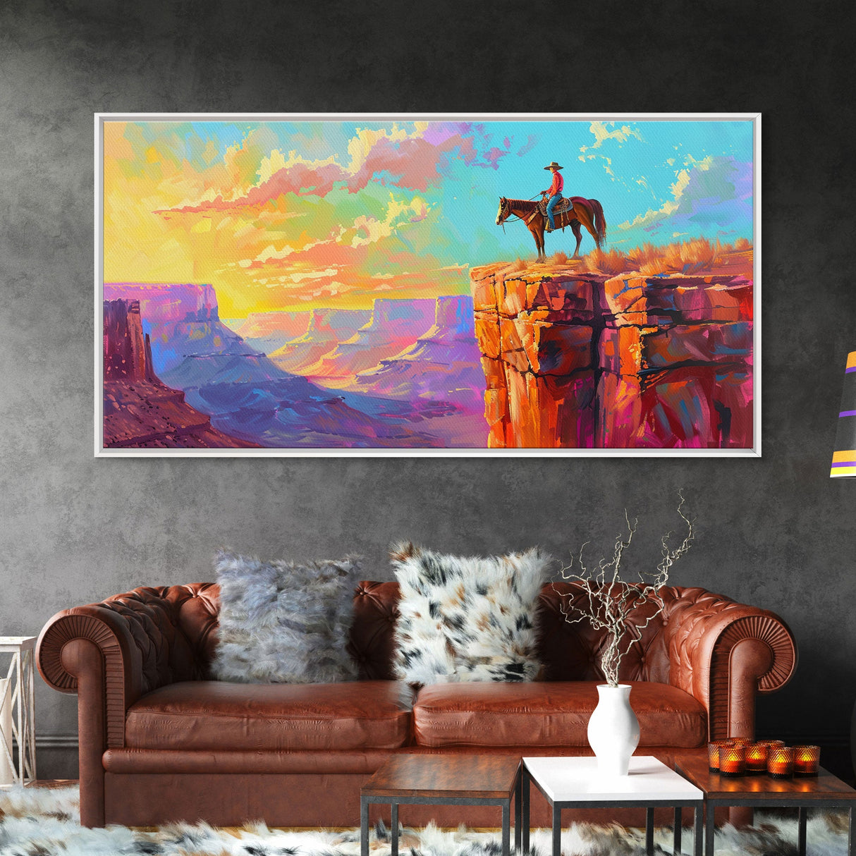 Cowboy on Horse Overlooking Canyon Sunset, Farmhouse Style Framed Canvas Print for Living Room Wall Art, Vibrant Home Decor, Western Scene