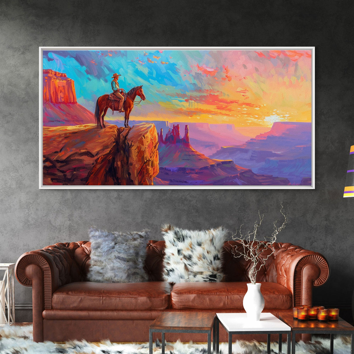 Cowboy and Horse with Canyon View, Farmhouse Style Framed Canvas Print for Bedroom Wall Art, Vibrant Home Decor, Western Scenic Art