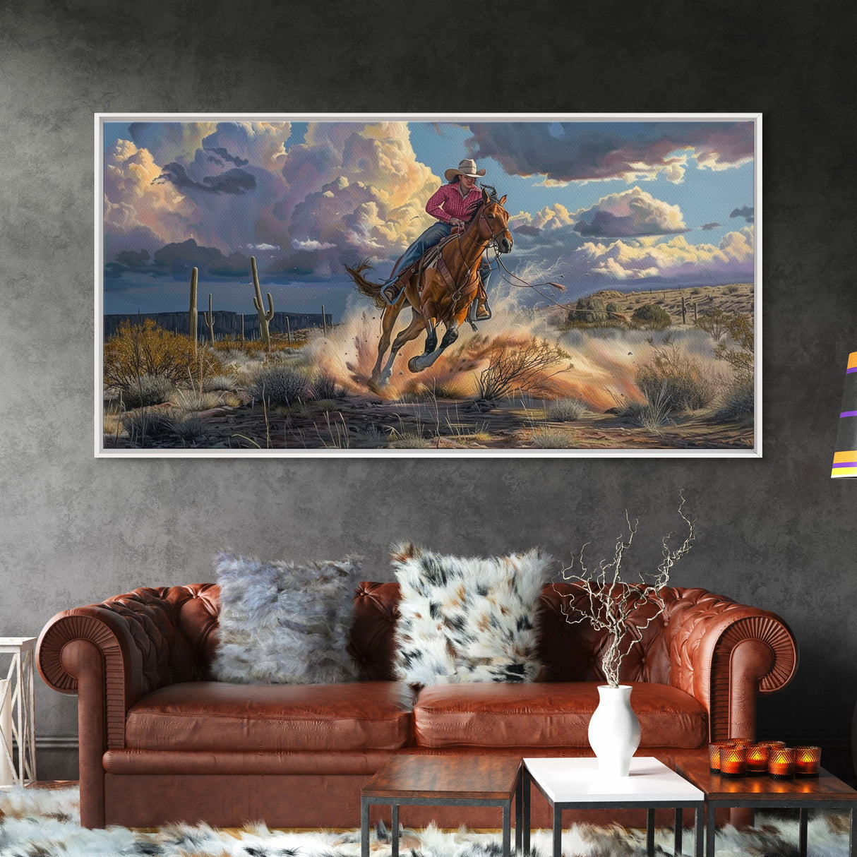 Colorful Desert Landscape with Tree Under Starry Sky, Stunning Framed Canvas Print, Living Room Art, Bedroom Decor, Southwestern Wall Art