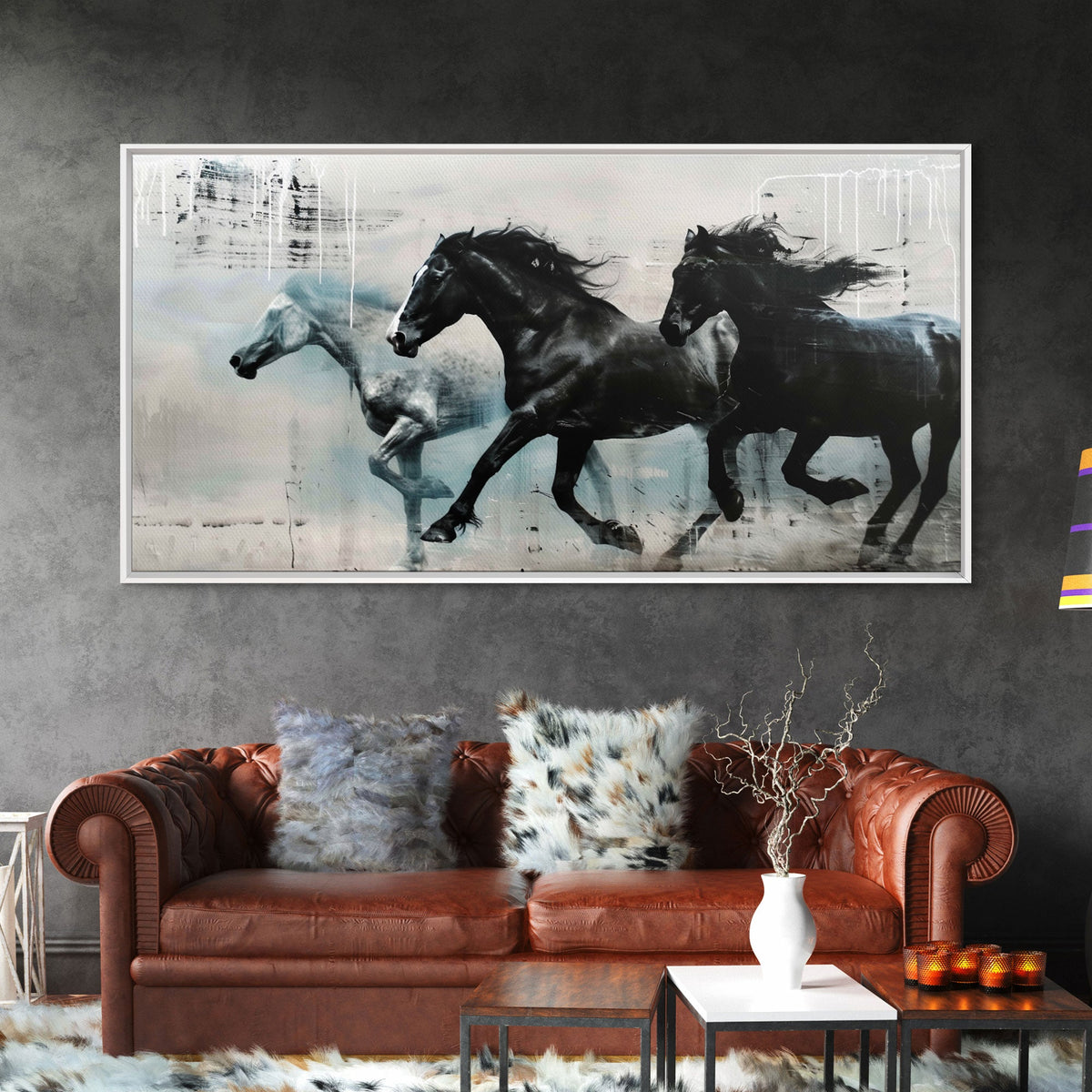 Galloping Horses in Monochrome Abstract Landscape, Perfect Wall Art, Framed Canvas Print for Living Room or Bedroom Decor, Equestrian Art