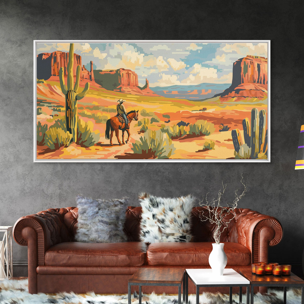 Cowboy in Desert Valley, Framed Canvas Print for Rustic Living Room Decor, Western Art for Home and Bedroom Decoration