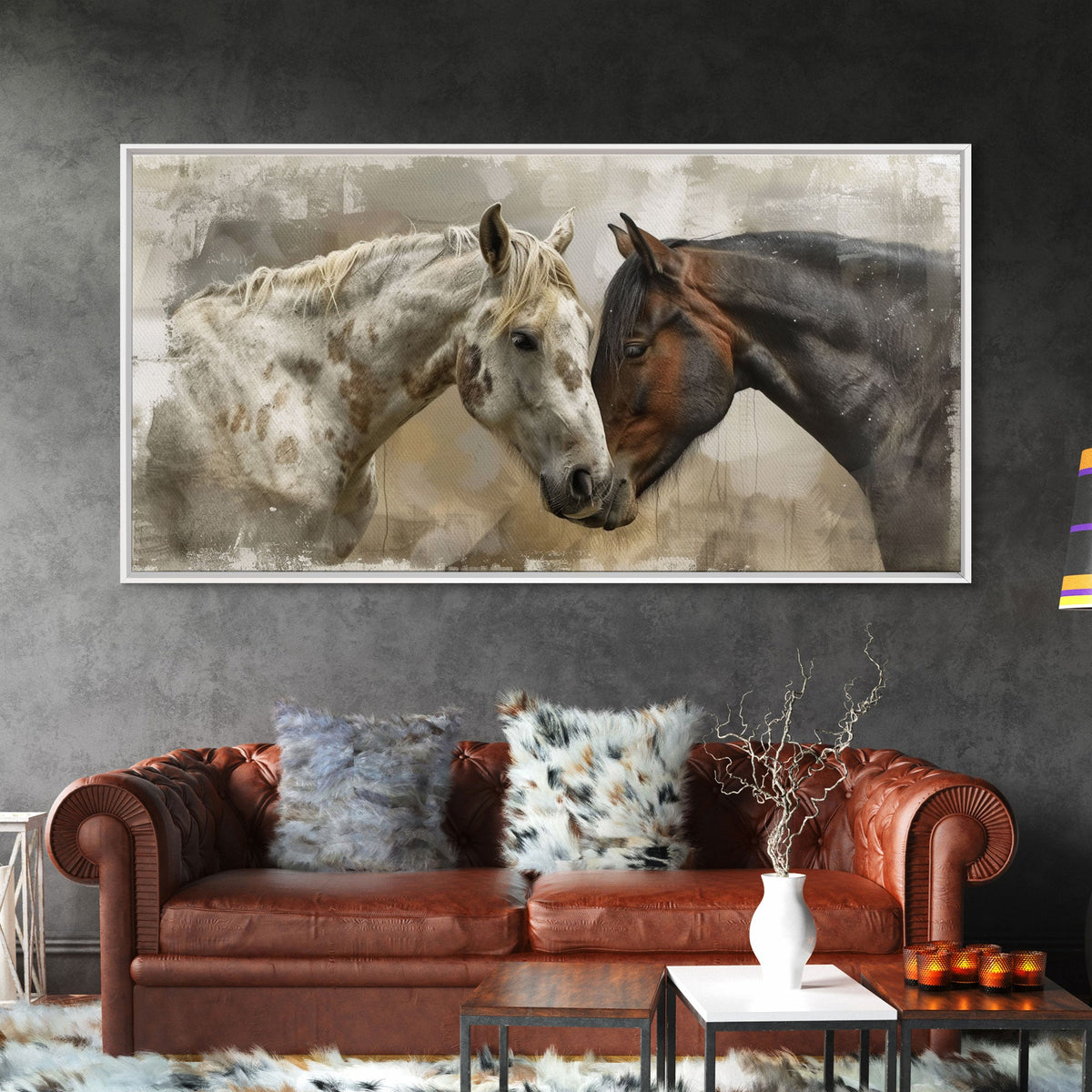 Horse Pair in Artistic Setting, Framed Canvas Print for Elegant Living Room Decor, Equine Art for Home and Bedroom Decoration