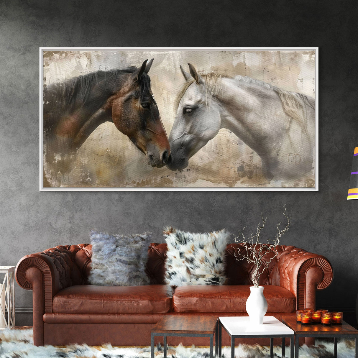 Spotted and Dark Horses, Framed Canvas Print for Rustic Living Room Decor, Equine Art for Home and Bedroom Decoration