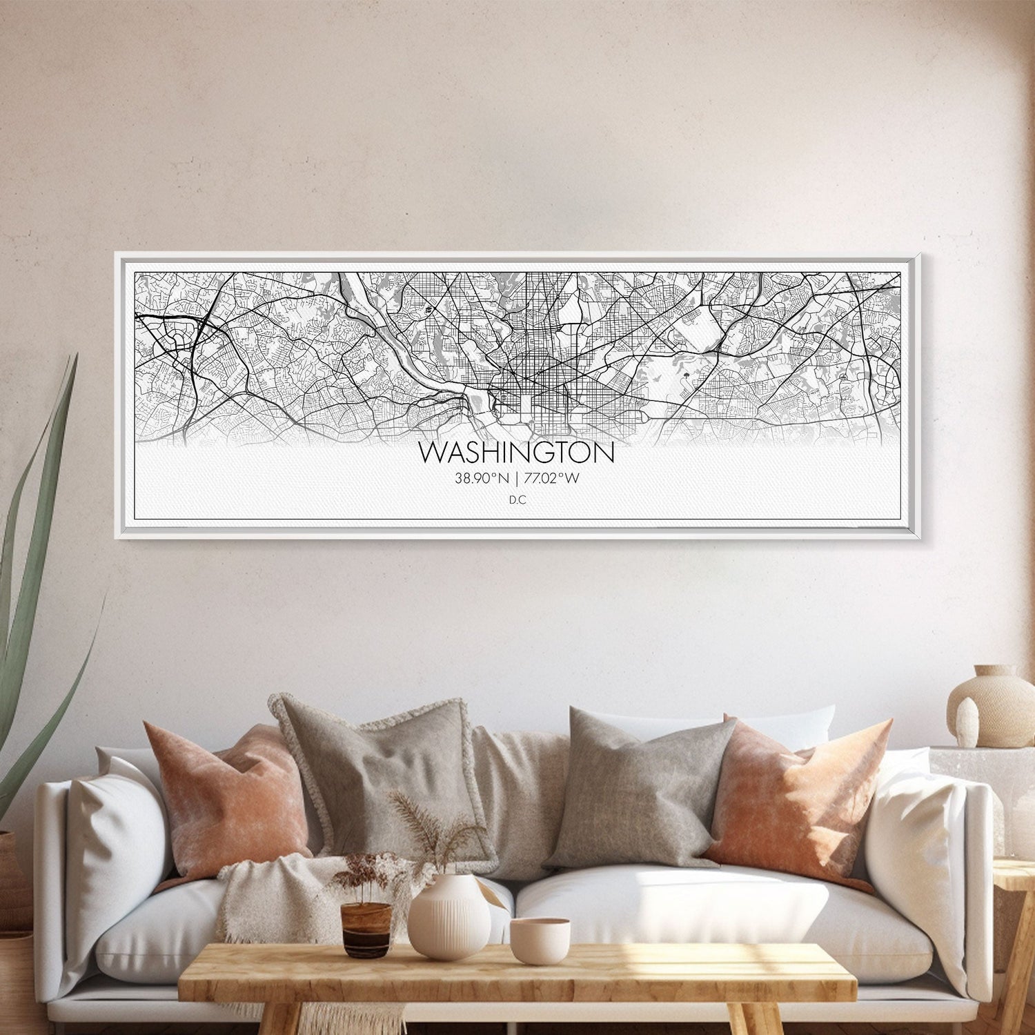 Panoramic Washington City Map, District Of Columbia, Map Print, Minimalist Wall Art, Canvas Art, Housewarming Gift, Street Map, Closing Gift