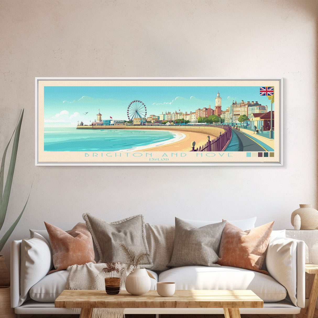 Brighton and Hove, England Travel Poster Panoramic Canvas Print, Brighton and Hove, England Painting, England Art, Brighton and Hove Travel Art, Guest Room Painting