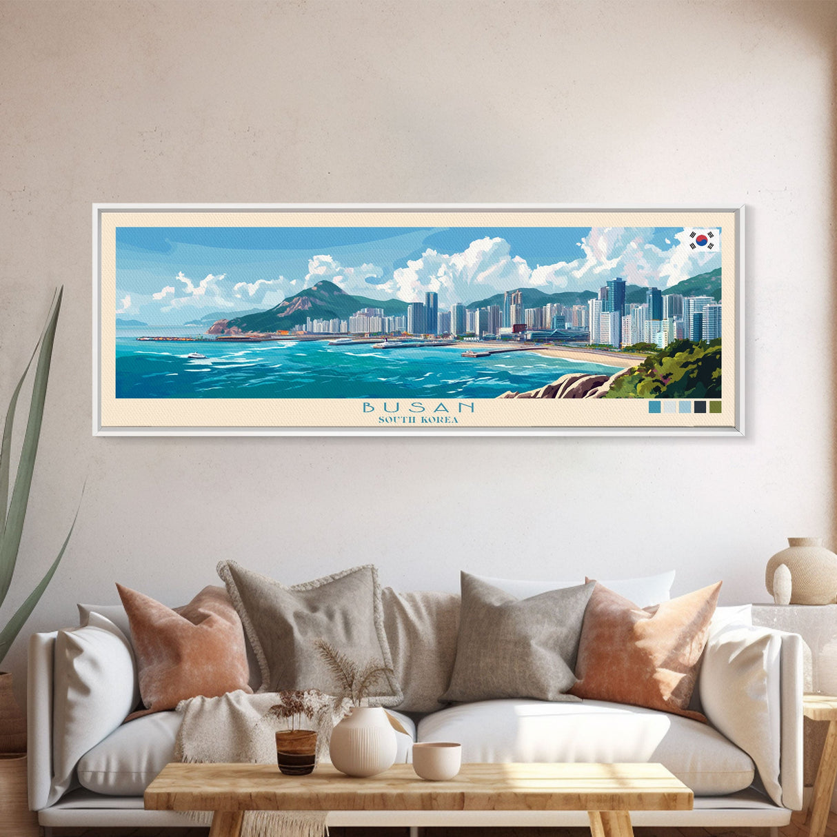 Busan, South Korea Travel Poster Panoramic Canvas Print, Busan, South Korea Painting, South Korea Art, Busan Travel Art, Guest Room Painting