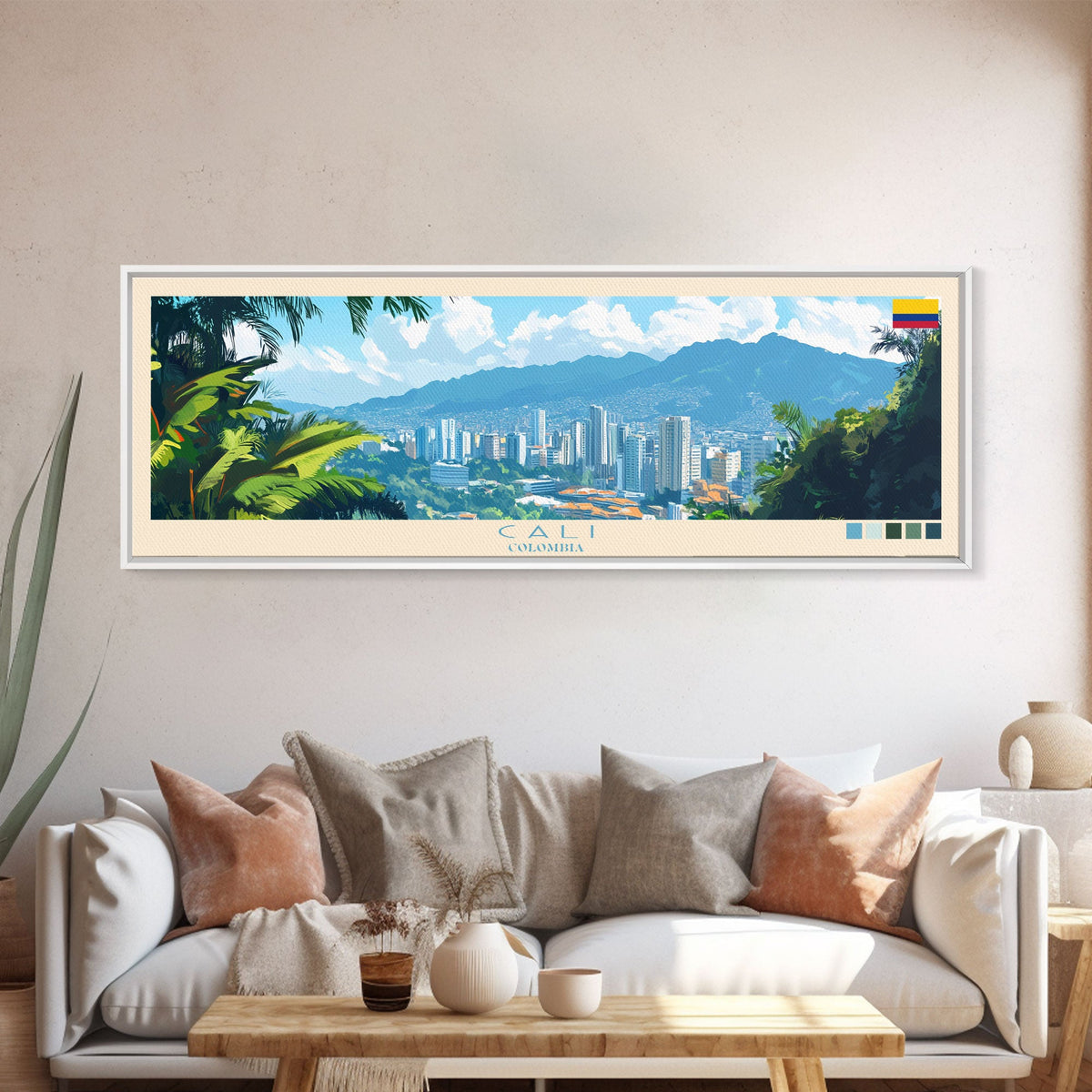 Cali, Colombia Travel Poster Panoramic Canvas Print, Cali, Colombia Painting, Colombia Art, Cali Travel Art, Guest Room Painting