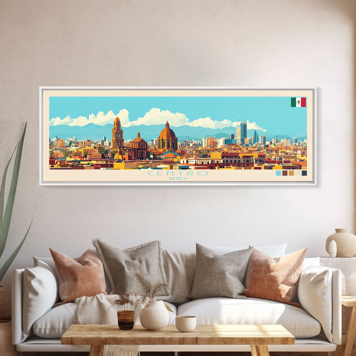 Centro, Mexico Panoramic Travel Poster Canvas Print, Centro, Mexico Painting, Mexico Art, Centro Travel Art, Guest Room Painting