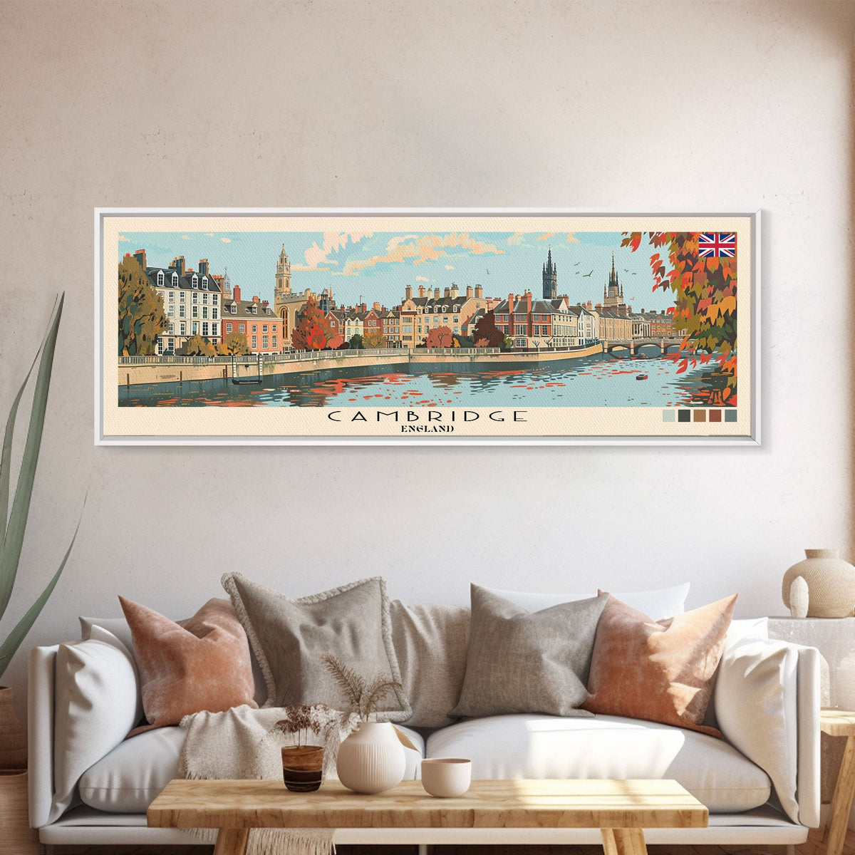 Cambridge, England Panoramic Canvas Print, Cambridge, England Painting, England Art, Cambridge Travel Poster, Travel Art, Living Room Painting